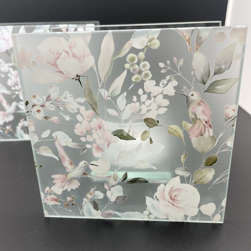 2-Set Glass tea light Holders with Hummingbirds Roses flowers Water Color design - Picture 5 of 7